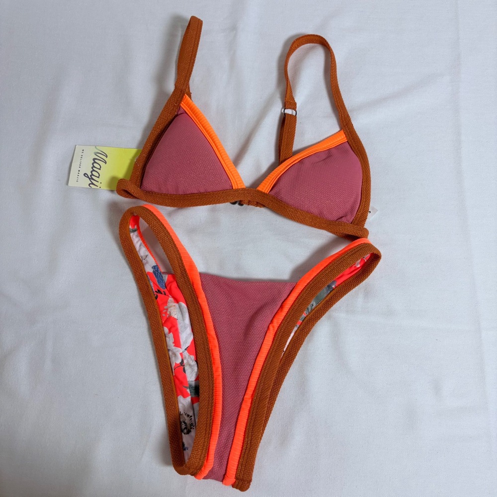 Maaji Reversible Bikini Set Small orange Floral New High Cut Triangle Swimwear
